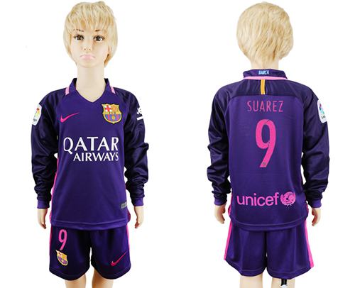 Barcelona #9 Suarez Away Long Sleeves Kid Soccer Club Jersey