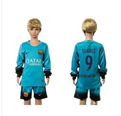 Barcelona #9 Suarez SEC Away Long Sleeves Kid Soccer Club Jersey