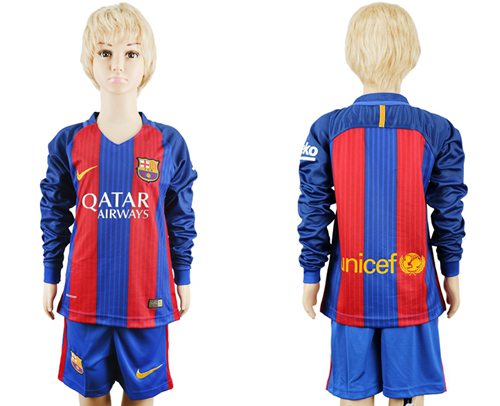 Barcelona Blank Home Long Sleeves Kid Soccer Club Jersey