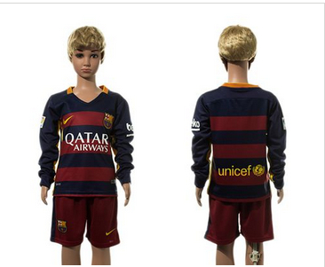 Barcelona Blank Home Long Sleeves Kid Soccer Club Jersey
