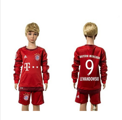 Bayern Munchen #9 Lewandowski Home Long Sleeves Kid Soccer Club Jersey