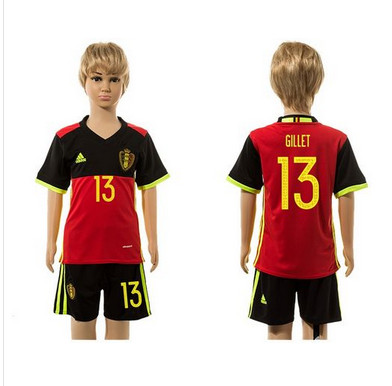 Belgium #13 Gillet Red Home Kid Soccer Country Jersey