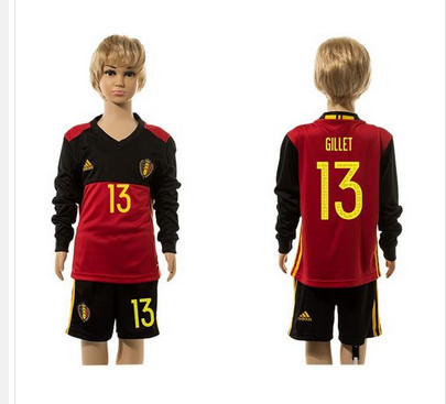 Belgium #13 Gillet Red Home Long Sleeves Kid Soccer Country Jersey