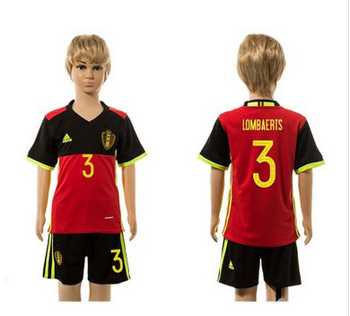 Belgium #3 Lombaerts Red Home Kid Soccer Country Jersey