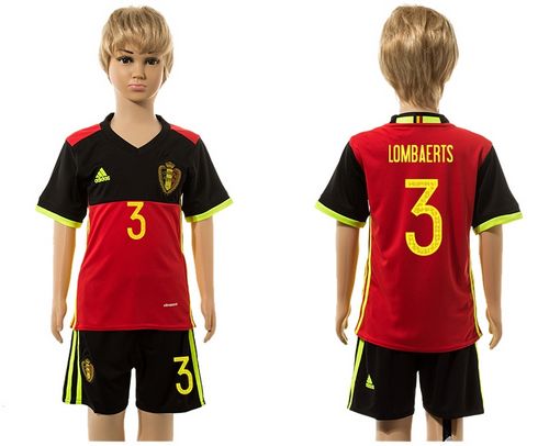 Belgium #3 Lombaerts Red Home Kid Soccer Country Jersey