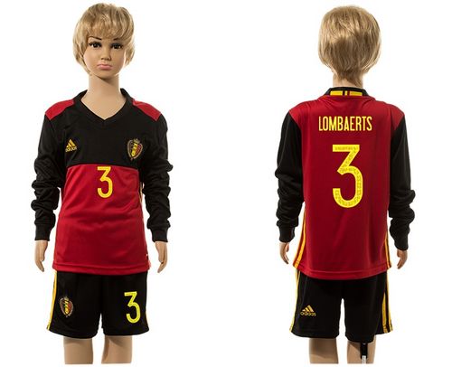 Belgium #3 Lombaerts Red Home Long Sleeves Kid Soccer Country Jersey