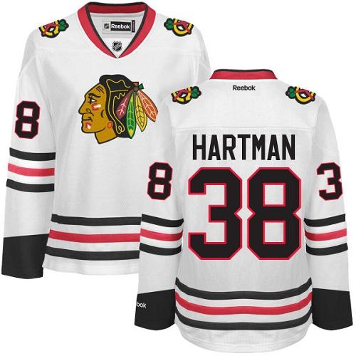 Blackhawks #38 Ryan Hartman White Road Women's Stitched NHL Jersey