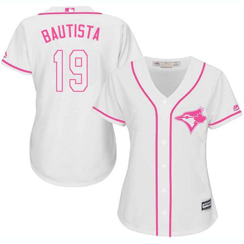 Blue Jays #19 Jose Bautista White Pink Fashion Women's Stitched MLB Jersey
