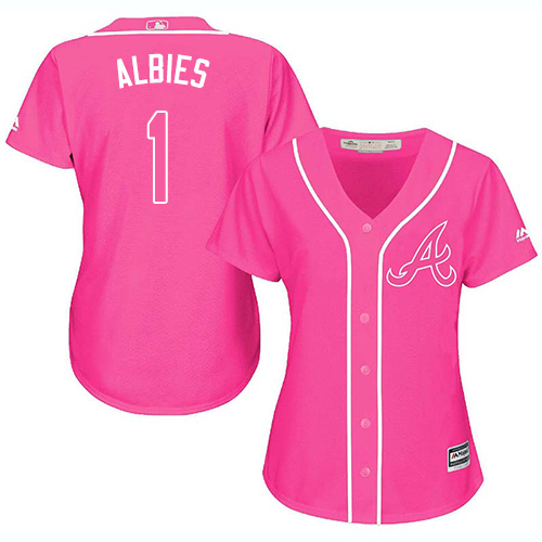 Braves #1 Ozzie Albies Pink Fashion Women's Stitched Baseball Jersey Braves #1 Ozzie Albies Pink Fashion Women's Stitched Baseball Jersey