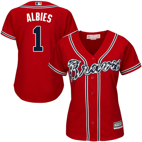 Braves #1 Ozzie Albies Red Alternate Women's Stitched Baseball Jersey Braves #1 Ozzie Albies Red Alternate Women's Stitched Baseball Jersey