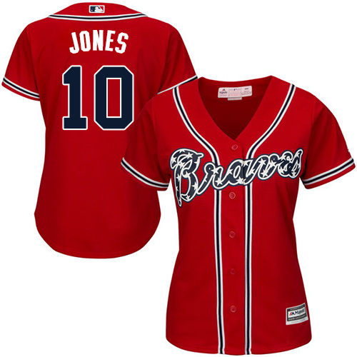 Braves #10 Chipper Jones Red Alternate Women's Stitched MLB Jersey