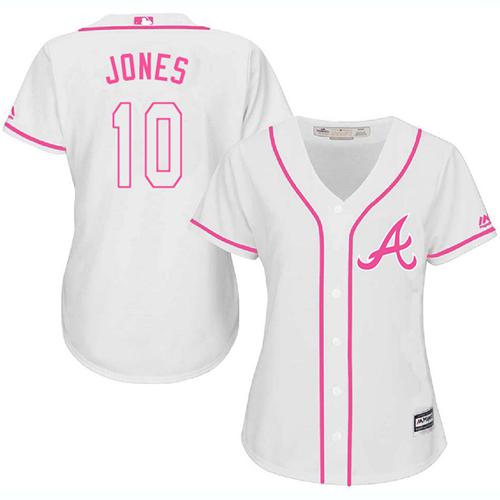 Braves #10 Chipper Jones White Pink Fashion Women's Stitched MLB Jersey