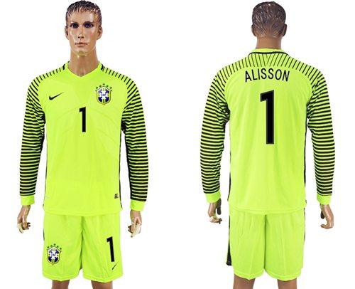 Brazil #1 Alisson Shiny Green Long Sleeves Goalkeeper Soccer Country Jersey Brazil #1 Alisson Shiny Green Long Sleeves Goalkeeper Soccer Country Jersey