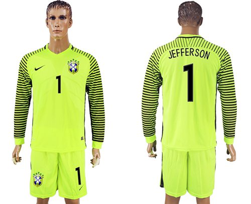 Brazil #1 Jefferson Shiny Green Long Sleeves Goalkeeper Soccer Country Jersey
