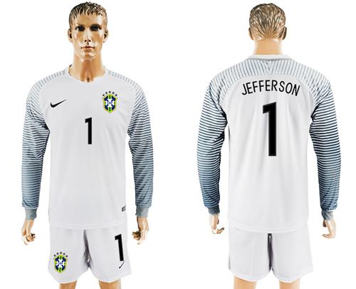 Brazil #1 Jefferson White Goalkeeper Long Sleeves Soccer Country Jersey