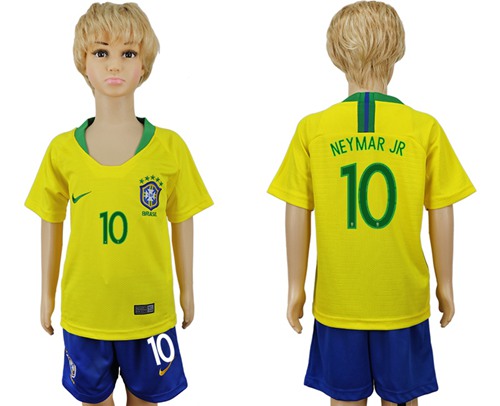 Brazil #10 Neymar Jr Home Kid Soccer Country Jersey