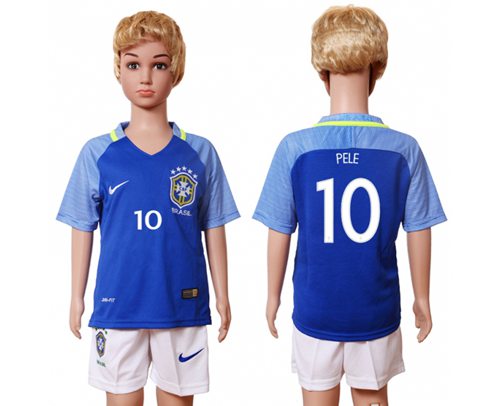 Brazil #10 Pele Away Kid Soccer Country Jersey