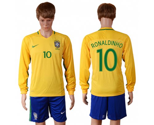 Brazil #10 Ronaldinho Home Long Sleeves Soccer Country Jersey Brazil #10 Ronaldinho Home Long Sleeves Soccer Country Jersey