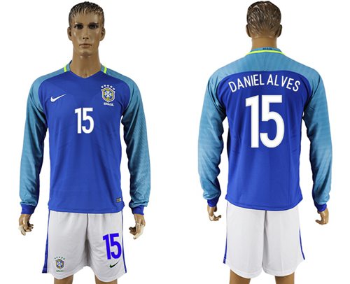 Brazil #15 Daniel Alves Away Long Sleeves Soccer Country Jersey Brazil #15 Daniel Alves Away Long Sleeves Soccer Country Jersey