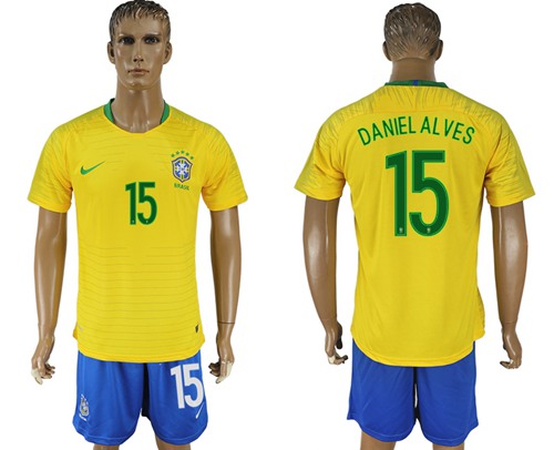 Brazil #15 Daniel Alves Home Soccer Country Jersey Brazil #15 Daniel Alves Home Soccer Country Jersey