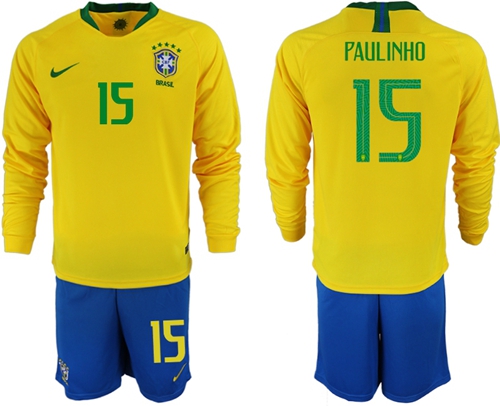 Brazil #15 Paulinho Home Long Sleeves Soccer Country Jersey