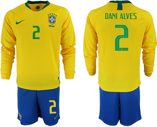 Brazil #2 Dani Alves Home Long Sleeves Soccer Country Jersey