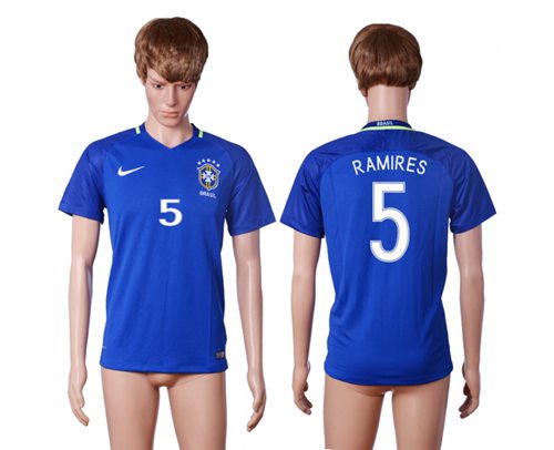 Brazil #5 Ramires Away Soccer Country Jersey Brazil #5 Ramires Away Soccer Country Jersey