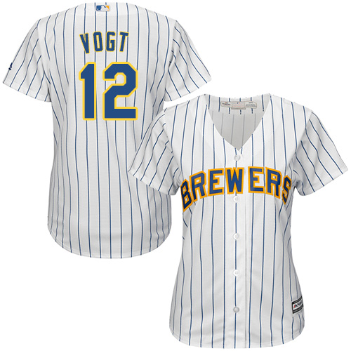 Brewers #12 Stephen Vogt White Strip Home Women's Stitched MLB Jersey Brewers #12 Stephen Vogt White Strip Home Women's Stitched MLB Jersey