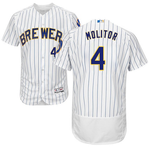 Brewers #4 Paul Molitor White Strip Flexbase Authentic Collection Stitched MLB Jersey Brewers #4 Paul Molitor White Strip Flexbase Authentic Collection Stitched MLB Jersey