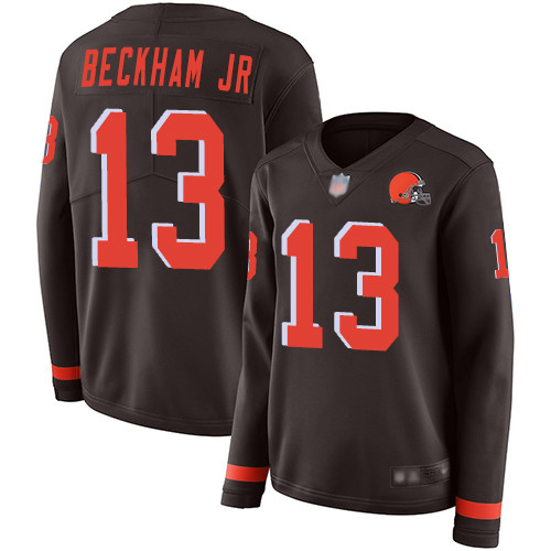 Browns #13 Odell Beckham Jr Brown Team Color Women's Stitched Football Limited Therma Long Sleeve Jersey