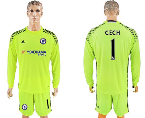 Chelsea #1 Cech Shiny Green Goalkeeper Long Sleeves Soccer Club Jersey Chelsea #1 Cech Shiny Green Goalkeeper Long Sleeves Soccer Club Jersey