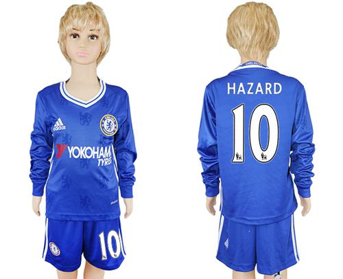 Chelsea #10 Hazard Home Long Sleeves Kid Soccer Club Jersey