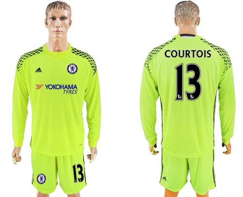 Chelsea #13 Courtois Shiny Green Goalkeeper Long Sleeves Soccer Club Jersey