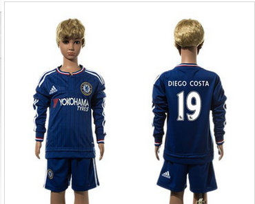 Chelsea #19 Diego Costa Blue Home Long Sleeves Kid Soccer Club Jersey
