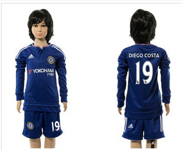Chelsea #19 Diego Costa Blue Home Long Sleeves Kid Soccer Club Jersey