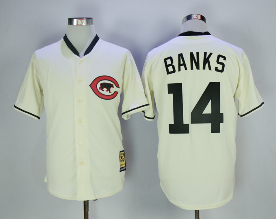 Cubs #14 Ernie Banks Cream Throwback Jersey