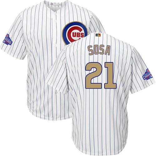 Cubs #21 Sammy Sosa White(Blue Strip) 2017 Gold Program Cool Base Stitched Youth MLB Jersey Cubs #21 Sammy Sosa White(Blue Strip) 2017 Gold Program Cool Base Stitched Youth MLB Jersey