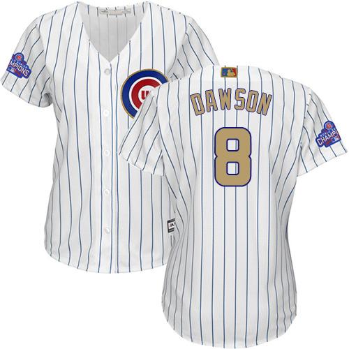 Cubs #8 Andre Dawson White(Blue Strip) 2017 Gold Program Cool Base Women's Stitched MLB Jersey Cubs #8 Andre Dawson White(Blue Strip) 2017 Gold Program Cool Base Women's Stitched MLB Jersey