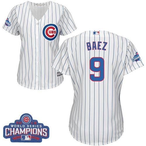 Cubs #9 Javier Baez White(Blue Strip) Home 2016 World Series Champions Women's Stitched MLB Jersey Cubs #9 Javier Baez White(Blue Strip) Home 2016 World Series Champions Women's Stitched MLB Jersey