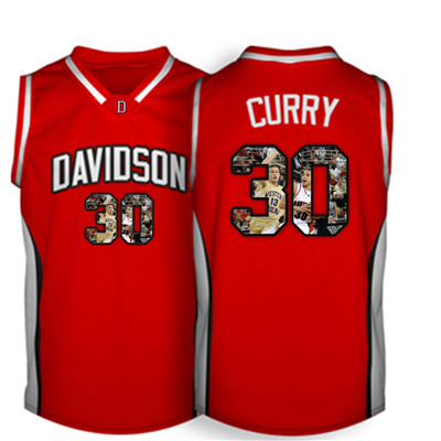 Davidson Wildcat 30 Stephen Curry Red With Portrait Print College Basketball Jersey3