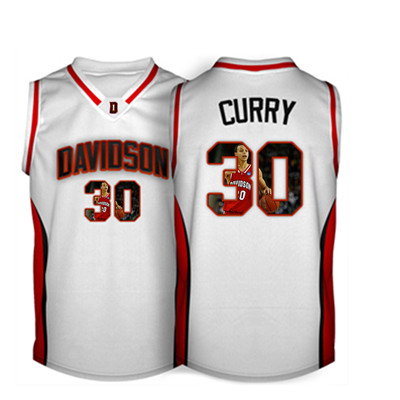Davidson Wildcat 30 Stephen Curry White With Portrait Print College Basketball Jersey