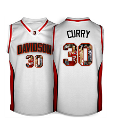 Davidson Wildcat 30 Stephen Curry White With Portrait Print College Basketball Jersey4