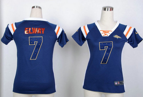 Denver Broncos 7 john elway Womens Draft Him Shimmer V-Neck T-Shirt - Navy Blue