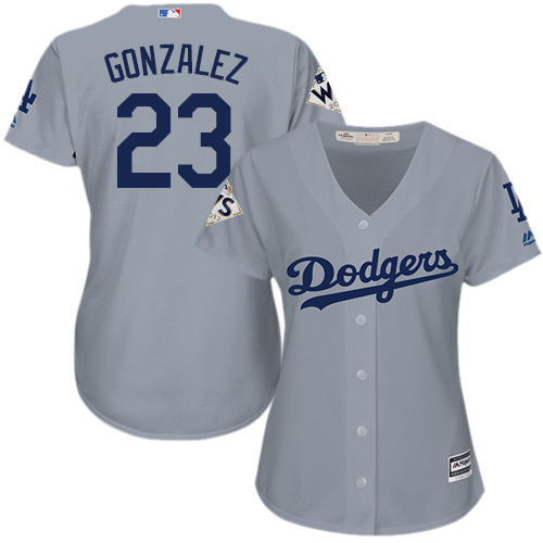 Dodgers #23 Adrian Gonzalez Grey Alternate Road 2017 World Series Bound Women's Stitched MLB Jersey