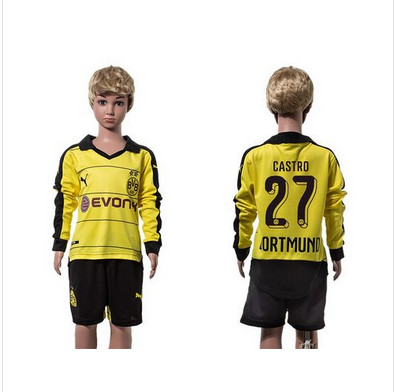 Dortmund #27 Castro Home Long Sleeves Kid Soccer Club Jersey