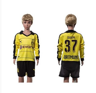 Dortmund #37 Durm Home Long Sleeves Kid Soccer Club Jersey