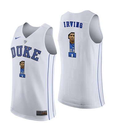 Duke Blue Devils 1 Kyrie Irving White With Portrait Print College Basketball Jersey2