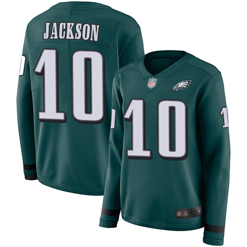 Eagles #10 DeSean Jackson Midnight Green Team Color Women's Stitched Football Limited Therma Long Sleeve Jersey