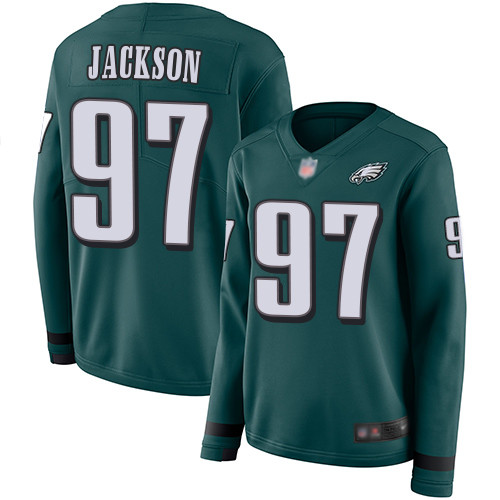 Eagles #97 Malik Jackson Midnight Green Team Color Women's Stitched Football Limited Therma Long Sleeve