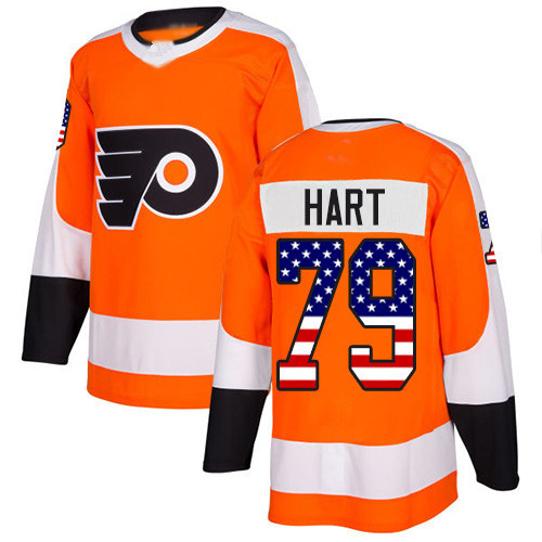 Flyers #79 Carter Hart Orange Home Authentic USA Flag Stitched Hockey Jersey